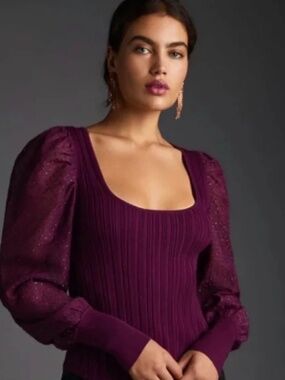 Anthropologie Puff Sleeve Ribbed Shimmer Sweater Top Plum Wine S